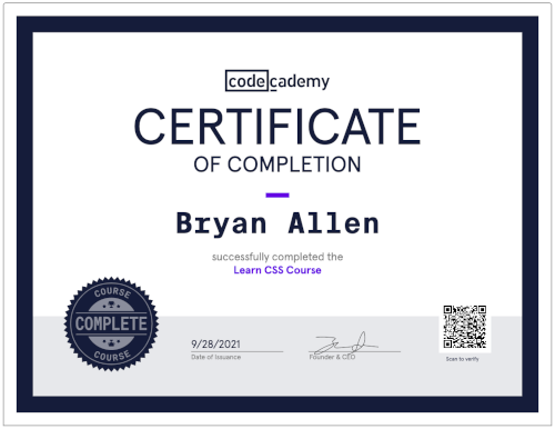codecademy css certificate