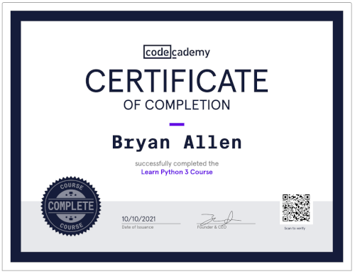 codecademy python certificate